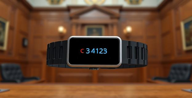 Imagen de una pulsera electrónica de seguimiento con un fondo de un juzgado o una oficina gubernamental, simbolizando la intersección entre tecnología y justicia.