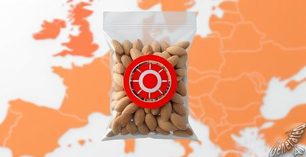 Una imagen de una bolsa de almendras con un símbolo de alerta roja en el centro, rodeada de un fondo de mapa de Europa y América Unidos