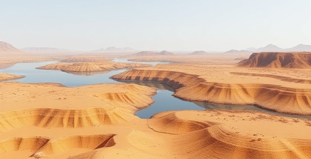 Imagen de un paisaje árido con un gran embalse al fondo, representando la política hídrica en el Sureste español y Marruecos.