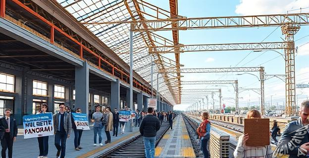 Una imagen de una estación de tren en construcción con gente manifestándose en el fondo con pancartas que dicen 