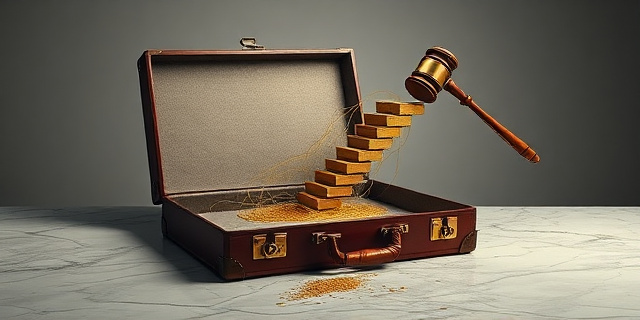 Una ilustración conceptual y satírica. Un maletín de cuero elegante abierto sobre una mesa de mármol, del cual emergen hilos dorados que se transforman en una escalera ascendente. Al final de la escalera, un mazo de juez de madera golpeando con fuerza la superficie, rompiendo los hilos. Fondo minimalista con colores institucionales apagados, estilo editorial de revista política, alta definición, sin rostros humanos.