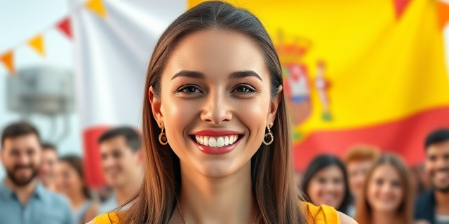 Una imagen de una mujer sonriente con un fondo de la bandera de Andalucía, rodeada de personas sonrientes y con un ambiente de celebración