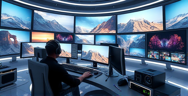 Una escena futurista donde un creador de contenido está trabajando en un PC con NVIDIA RTX, generando imágenes y videos con IA generativa visual a través de la interfaz de ComfyUI. El entorno está lleno de pantallas mostrando resultados fotorrealistas y clips de video coherentes.