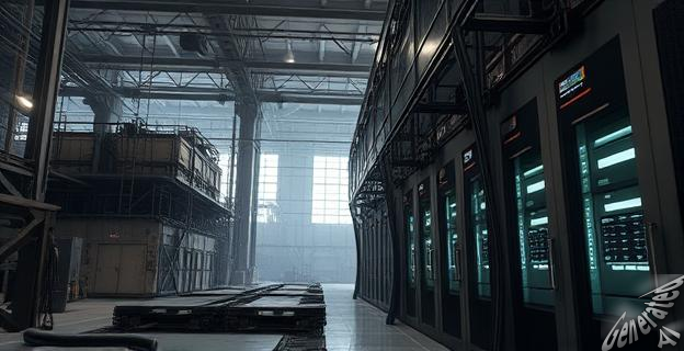 Una fábrica abandonada junto a un centro de datos moderno y futurista, con cables y maquinaria de alta tecnología, en un entorno industrial con contrastes de luces y sombras