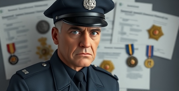Una imagen de un agente de policía con una expresión de descontento en el rostro, con un fondo de papeles y documentos oficiales que representan las medallas y condecoraciones cuestionadas, en un tono gris y apagado que refleja la crítica y el descontento del sindicato policial.