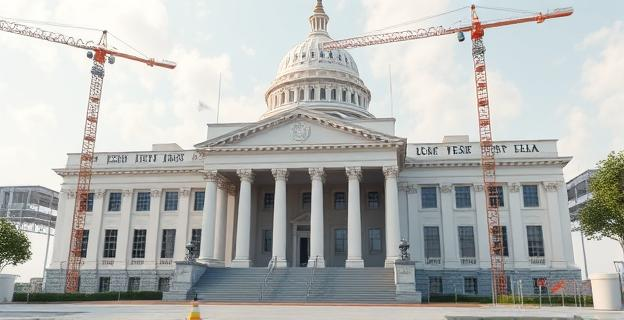Edificio gubernamental con contratistas trabajando en el fondo