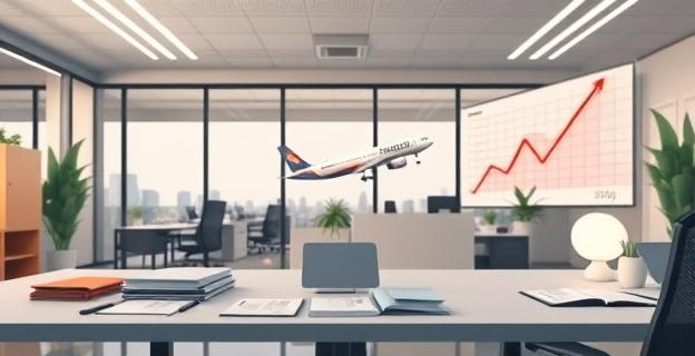 Imagen de una oficina vacía con documentos y computadoras relacionadas con la intermediación aérea y blanqueo de capitales, con un fondo que muestra un avión comercial y una gráfica de facturación en descenso.