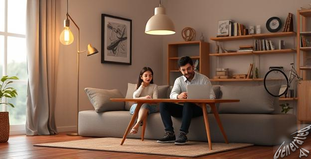 Una habitación con una bombilla encendida y una familia sentada en un sofá con una mesa de comedor con objetos reutilizados al fondo