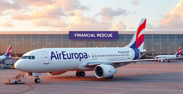 Imagen de un avión de Air Europa en un aeropuerto con una pancarta de rescate financiero al fondo