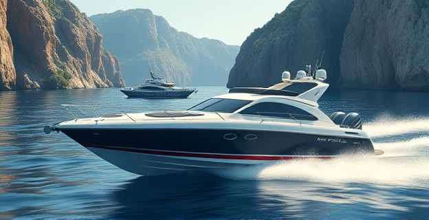 Imagen de una lancha rápida con motores potentes en el mar, cerca de una patrullera de la Guardia Civil en una cala rodeada de montañas