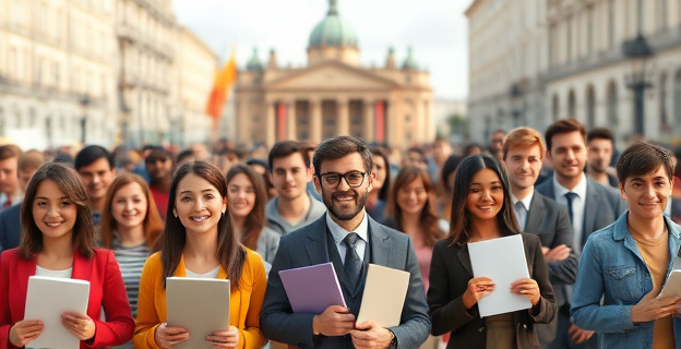 Imagen de una multitud de personas de diferentes etnias y edades, con documentos en mano y sonriendo, en un entorno urbano español. Al fondo, una representación estilizada del gobierno o el congreso español.