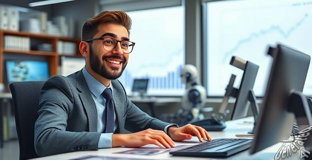 Un hombre de negocios sonriendo mientras trabaja en una oficina con herramientas de alta tecnología, rodeado de gráficos de mercado laboral y robots en el fondo.