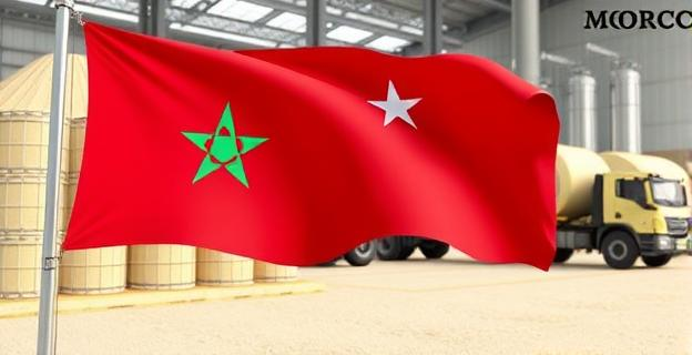 Imagen de un molino harinero con una bandera de Marruecos ondeando en primer plano, mientras al fondo se ven camiones de transporte de harina y trabajadores con uniformes y cascos de seguridad.
