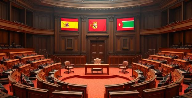 Imagen de un hemiciclo del Senado español vacío con un foco en el escaño del presidente del Gobierno. Al fondo, bandera de España y del PSOE