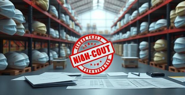 Imagen de un almacén lleno de mascarillas con un sello de 