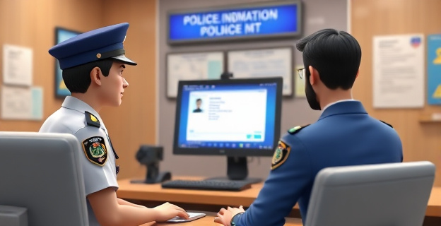 Una escena en una oficina de la Policía Nacional donde un funcionario está verificando la identidad de un ciudadano extranjero que denuncia la pérdida de su pasaporte, con una pantalla de ordenador mostrando datos de identificación y un ambiente de diligencia y escrutinio.