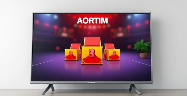 Una pantalla de televisión mostrando un videojuego con cajas sorpresa y un logo del Ministerio de Derechos Sociales, Consumo y Agenda 2030