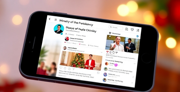 Imagen de una pantalla de teléfono mostrando las redes sociales del Ministerio de la Presidencia con mensajes navideños y reacciones de usuarios. Destacan elementos como el logo del Ministerio y símbolos navideños