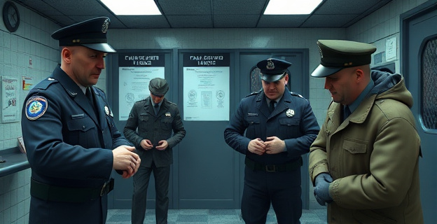 Una escena en una comisaría de policía donde los agentes se están cambiando de ropa con evidente malestar debido al frío extremo, con ropas mojadas y expresiones de descontento en sus rostros.