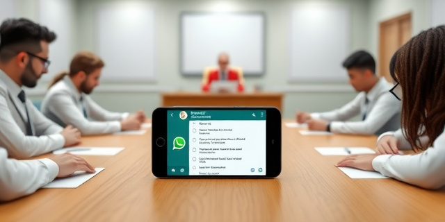Una sala de examen con un tribunal calificador y opositores, con un teléfono móvil en el centro de la mesa, mostrando una pantalla con un mensaje de WhatsApp que contiene una fotografía de un folio en blanco con preguntas mecanografiadas.