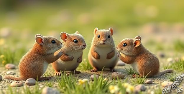 Ilustración de topillos de la pradera interactuando en un entorno social, con un foco en la oxitocina y su papel en la formación de amistades.