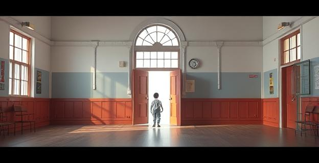Un colegio vacío con una puerta abierta y un niño solo dentro, en un ambiente de tranquilidad y soledad