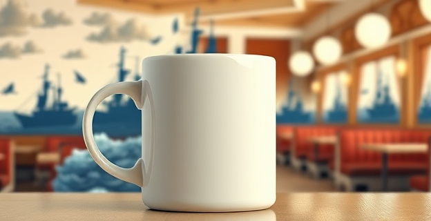Una taza de café blanca, robusta, con asa, vista desde un ángulo ligeramente superior. El fondo es un collage conceptual que fusiona siluetas de barcos navales en mares tormentosos con el interior cálido y acogedor de un restaurante americano clásico. Tonalidades de blanco brillante, azul marino y ámbar suave. El estilo es nostálgico, con un toque de historia oculta.