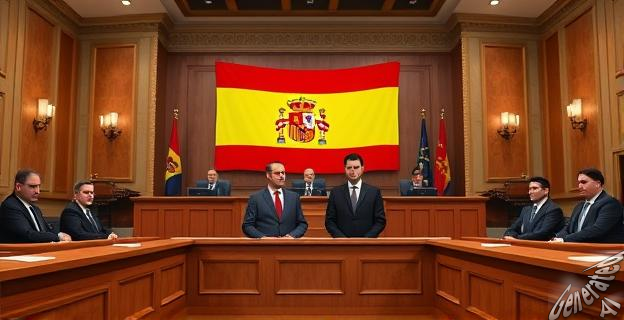 Imagen de un tribunal de justicia con una bandera de España al fondo, con Pedro Sánchez y su hermano David en el centro, rodeados de jueces y abogados.