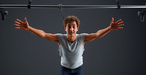 Una persona colgando de una barra con los brazos estirados, con expresión de concentración y esfuerzo controlado