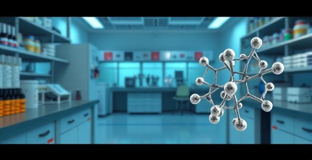 Imagen de un laboratorio con equipo de investigación y una representación visual del hígado y las moléculas de ácido linoleico y oxilipinas