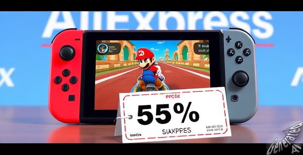 Imagen de una consola Nintendo Switch2 con Mario Kart en la pantalla, con un fondo de AliExpress y un cupón de descuento en primer plano.