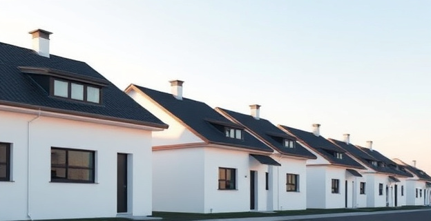 Una fila de casas suburbanas modernas, todas pintadas de blanco impoluto con techos y marcos de ventanas negros, bajo un cielo neutral. La composición enfatiza la uniformidad y el contraste, con un diseño limpio y minimalista que evoca una estética contemporánea pero ligeramente repetitiva. El sol de la tarde proyecta sombras nítidas, destacando las líneas geométricas de las estructuras.