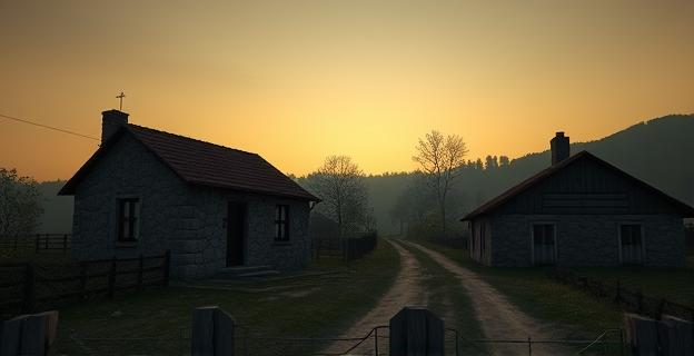 Un paisaje rural del País Vasco al atardecer, con un caserío antiguo de piedra y madera en primer plano. El ambiente es misterioso y ligeramente brumoso. No hay personas visibles, solo el entorno natural y la arquitectura tradicional, con detalles de vegetación autóctona y un camino de tierra que se pierde en la distancia.