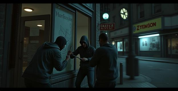 Imagen de un grupo de ladrones rompiendo un escaparate con objetos contundentes mientras otros vigilan alrededor, en un entorno urbano nocturno con calles oscuras y comercios cerrados