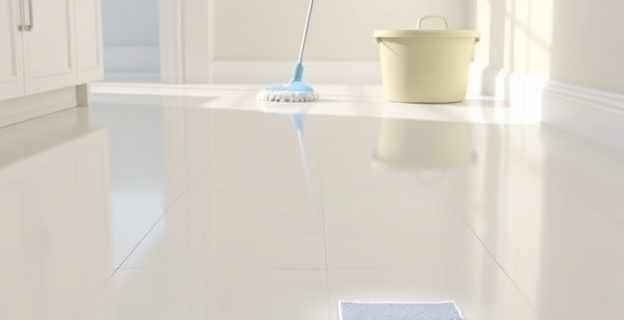 Imagen de un piso limpio y brillante con un trapo y un balde en el fondo, con un ligero reflejo de luz en el suelo que sugiere limpieza reciente.