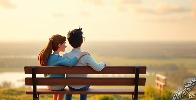 Una pareja feliz con nombres que se complementan armónicamente sentados en un banco mirando al horizonte