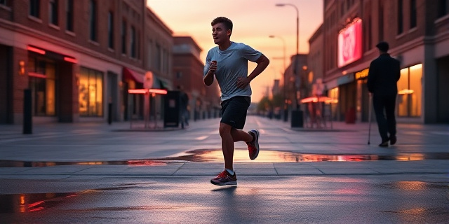 Un corredor de mediana edad con zapatillas desgastadas corre por una avenida urbana al atardecer, rodeado de edificios de ladrillo y luces de neón que se reflejan en los charcos. Al fondo, se vislumbra una silueta de una persona con un bastón, observando la carrera desde la distancia. El cielo está teñido de naranja y violeta, y la escena transmite energía, esperanza y la sensación de comunidad.