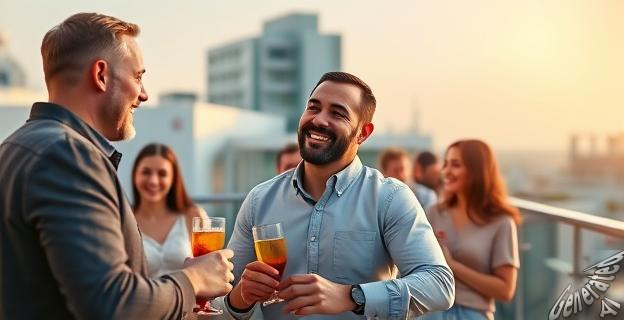 Imagen de un hombre sonriendo y departiendo con amigos en una terraza de un local, con una bebida alcohólica en la mano, mientras en el fondo se ve un hospital
