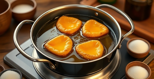 Una sartén con aceite hirviendo a 180 grados, con torrijas doradas flotando en la superficie, rodeada de ingredientes como azúcar y canela sobre una mesa de cocina tradicional española