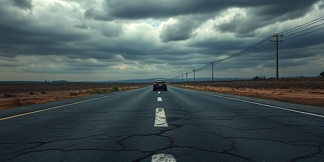 Una carretera agrietada y llena de baches se extiende hasta el horizonte bajo un cielo gris y amenazante. Un coche solitario se aleja, esquivando los obstáculos. La imagen debe transmitir desolación y abandono, con una paleta de colores apagados y texturas rugosas que reflejen el deterioro del asfalto. Estilo pictórico realista, con toques de expresionismo.
