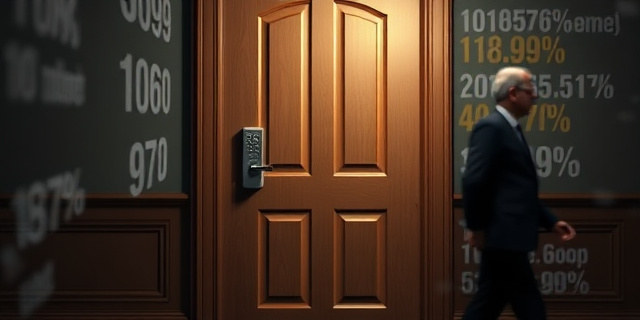 Una imagen de una puerta cerrada con un timbre que no suena, rodeada de números y estadísticas que flotan en el aire, mientras una figura borrosa de un funcionario público se aleja de la escena.