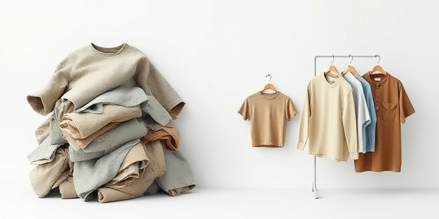 Una composición artística y satírica que contraste dos mundos: a la izquierda, una pila de ropa desaliñada y camisetas viejas y oversize; a la derecha, un conjunto de ropa masculina elegante, minimalista y bien estructurada (estilo heritage/workwear) sobre un fondo limpio. Estilo de fotografía de catálogo de moda con un toque de ironía visual, iluminación natural de verano, sin rostros humanos.