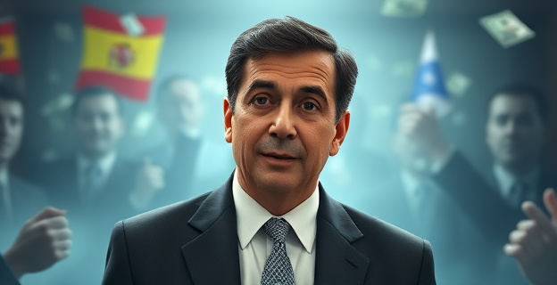 Imagen de un político español en un entorno de negocios opacos, con símbolos de corrupción y dinero en el fondo, representando la polémica en torno a Zapatero y sus ganancias.