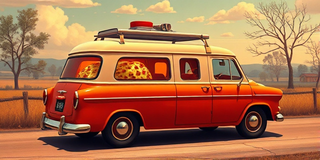 Una ilustración estilo vintage de los años 60 que muestra una furgoneta antigua convertida en cocina de pizza, con un horno humeante en la parte trasera y queso fundido deslizándose por la bandeja debido al movimiento, colores saturados tipo anuncio publicitario antiguo, fondo de paisaje rural de Wisconsin.