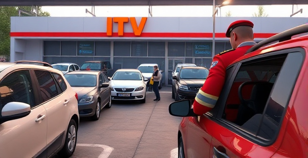 Una escena de una ITV con vehículos aparcados y personal trabajando, mientras un Guardia Civil con uniforme observa o conduce uno de los vehículos. El ambiente es de sospecha y fraude.