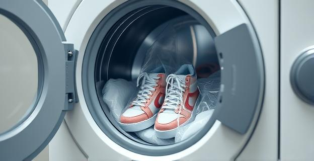 Una lavadora con bolsas especiales dentro, conteniendo zapatillas limpias