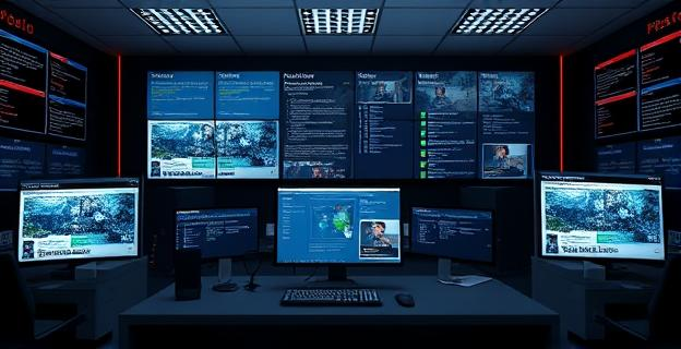 Imagen de una sala de ordenadores con pantallas mostrando páginas web de noticias y seguridad digital, con un fondo de documentos y pantallas oscuras representando la investigación y el análisis digital.