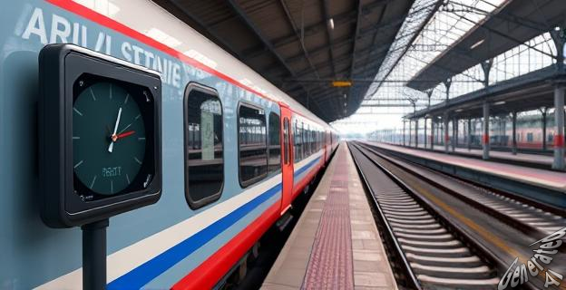 Imagen de un tren de alta velocidad detenido en una estación con un reloj en la marquesina mostrando una hora de llegada atrasada, y vías ferroviarias al fondo con señales de desgaste.