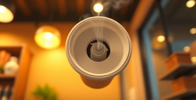 Una taza de café para llevar vista desde arriba, con un remolino de vapor y aire saliendo de un diminuto orificio en la tapa plástica. La atmósfera es cálida y urbana, con destellos de luz que simulan un ambiente de cafetería. El enfoque está en el ingenio del diseño, con una estética limpia y minimalista. Sin marcas visibles.