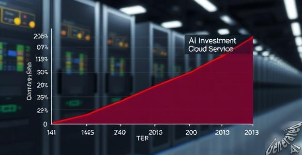 Un gráfico que muestra la relación entre la inversión en IA y los ingresos por servicios en la nube de las Big Tech, con una imagen de fondo de un centro de datos